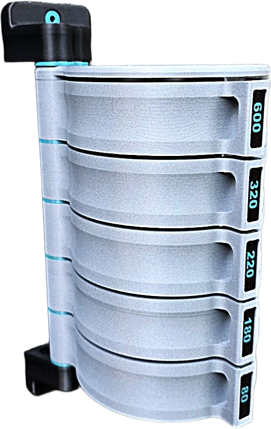 DiskDok with five swing-out sanding disc drawers